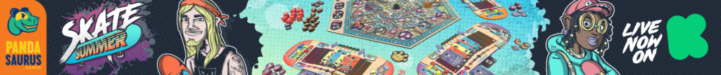 Graphic promoting the Skate Summer board game, featuring a blond metal head and black nerd skaters. An overview of the game components is shown in the background, with a "skate park" game board and individual skateboards for each player.