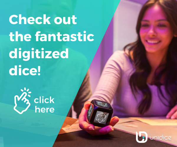 smiling girl holding the unidice in her hand.