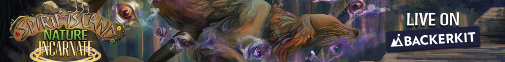 Text saying Spirit Island Nature Incarnate Now on Backerkit. Art of a strange dog with floating magic purple eyes around its head like a halo.