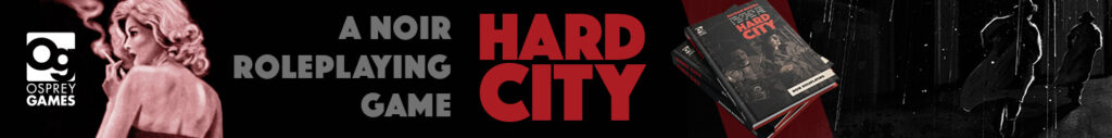 Hard City | A Noir Roleplaying Game | A femme fatale smokes beside a stack of RPG books