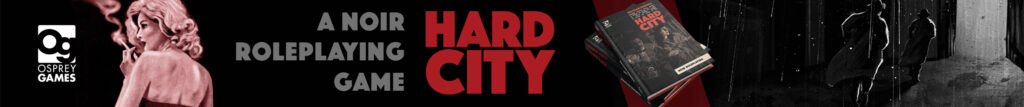 Hard City: Noir Roleplaying | A femme fatale smokes beside a stack of RPG books