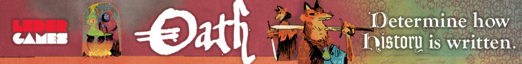 Character art from Oath the board game. Text reads: Determine how history is written.