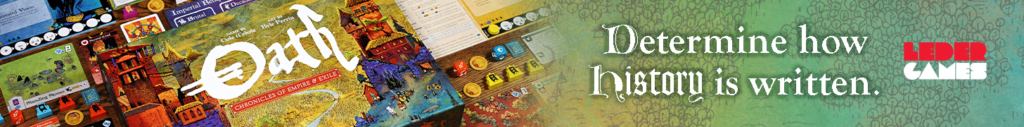 The Oath board game box with text "Determine how history is written"