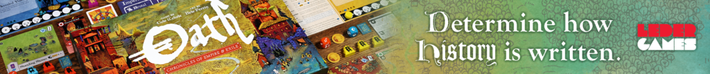 A photo of Oath the board game. Text reads: Determine how history is written.