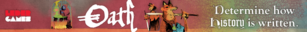 Character art from Oath the board game. Text reads: Determine how history is written.