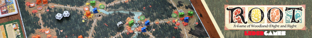 Photo of Root the board game set up on a table.