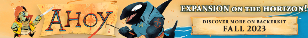 A sprightly turtle faces off against a massive Orca whale. Ahoy Expansion on the Horizon, this Fall on Backerkit from Leder Games