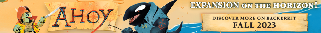 A sprightly turtle faces off against a massive Orca whale. Ahoy Expansion on the Horizon, this Fall on Backerkit from Leder Games