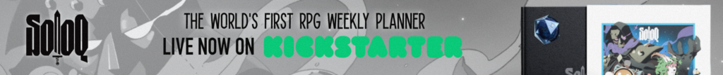 SoloQ The World's first RPG Weekly Planner and an image of the black planner with a slipcover.