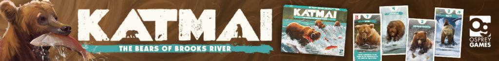Banner with Katmai logo and image of boardgame on top of bear fur.