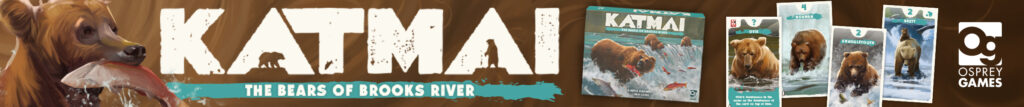 Banner with Katmai logo and image of boardgame on top of bear fur.