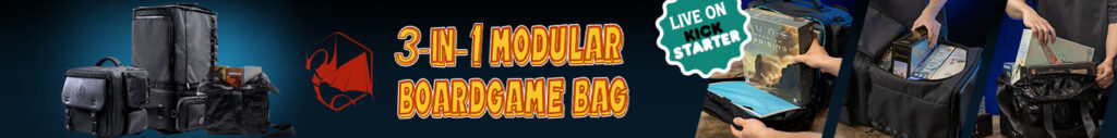 Promotional image for the ABC Boardgame Backpack 2.0 Kickstarter campaign, highlighting its modular 3-in-1 design suitable for various gaming scenarios.