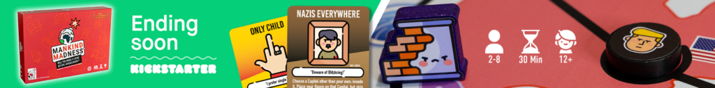 Banner promoting the board game Mankind Madness, showing the game box, illustrated cards, a cartoon game token, and player details (2–8 players, 30 min, ages 12+), with text “Ending soon” and “Kickstarter”.