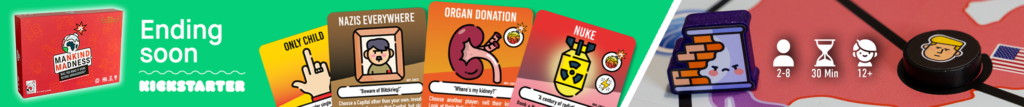 Banner promoting the board game Mankind Madness, showing the game box, illustrated cards, a cartoon game token, and player details (2–8 players, 30 min, ages 12+), with text “Ending soon” and “Kickstarter”.