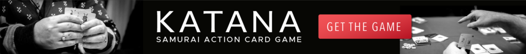 Katana card game banner with gameplay images.