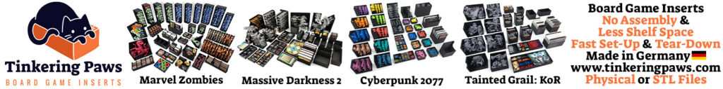 Tinkering Paws Board Game Inserts Ad for Marvel Zombies, Massive Darkness 2, Cyberpunk 2077 & Tainted Grail: Kings of Ruin