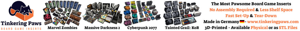 Tinkering Paws Board Game Inserts Ad for Marvel Zombies, Massive Darkness 2, Cyberpunk 2077 & Tainted Grail: Kings of Ruin