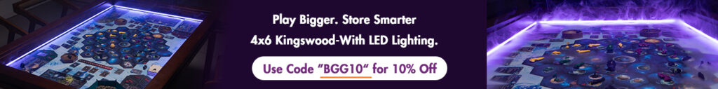 BoxKing Kingswood 4x6’ board game table with LED lighting and storage accessories.