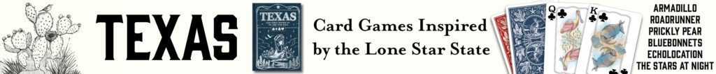Book titled Texas with playing cards featuring armadillos and spoonbill.