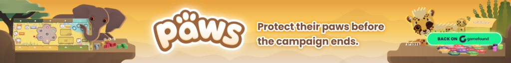 Banner ad 1 for PAWS, a wildlife-themed dice drafting and engine-building board game launching on Gamefound. Protect habitat while competing for the highest score.