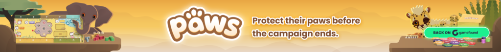 Banner ad 3 for PAWS, a wildlife-themed dice drafting and engine-building board game launching on Gamefound. Protect habitat while competing for the highest score.