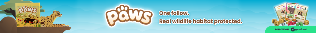 Banner ad for PAWS, a wildlife-themed dice drafting and engine-building board game launching on Gamefound. Protect habitat while competing for the highest score.